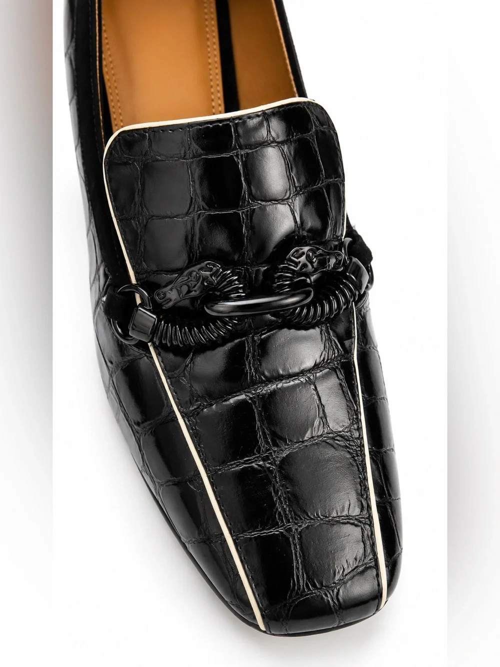 Tory Burch Black Croc Embossed Leather Gold Block Heel Size 8 w/ Box